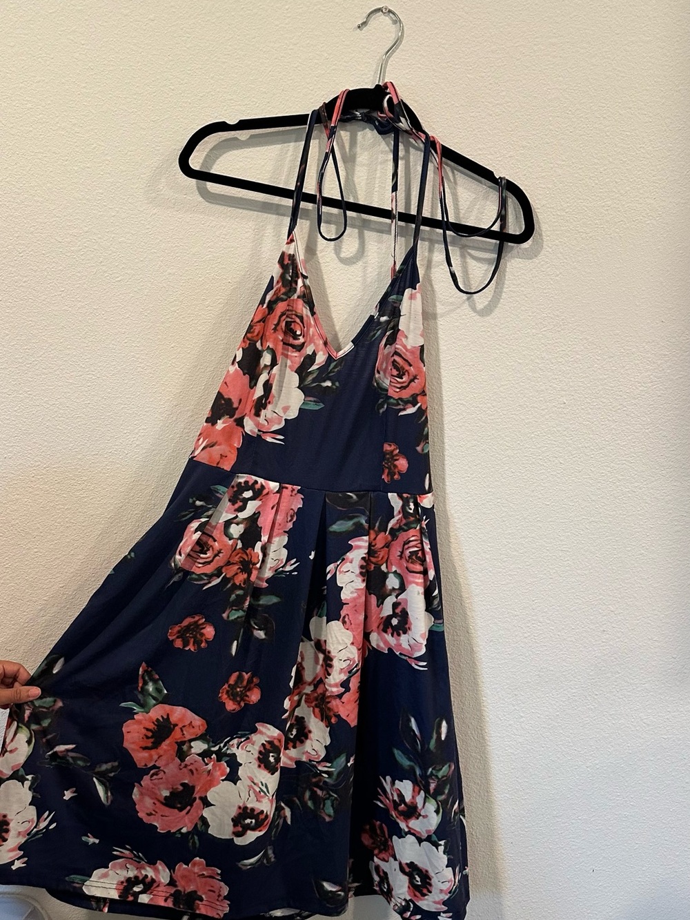 Women’s Navy Backless Floral Sundress with Pink Roses